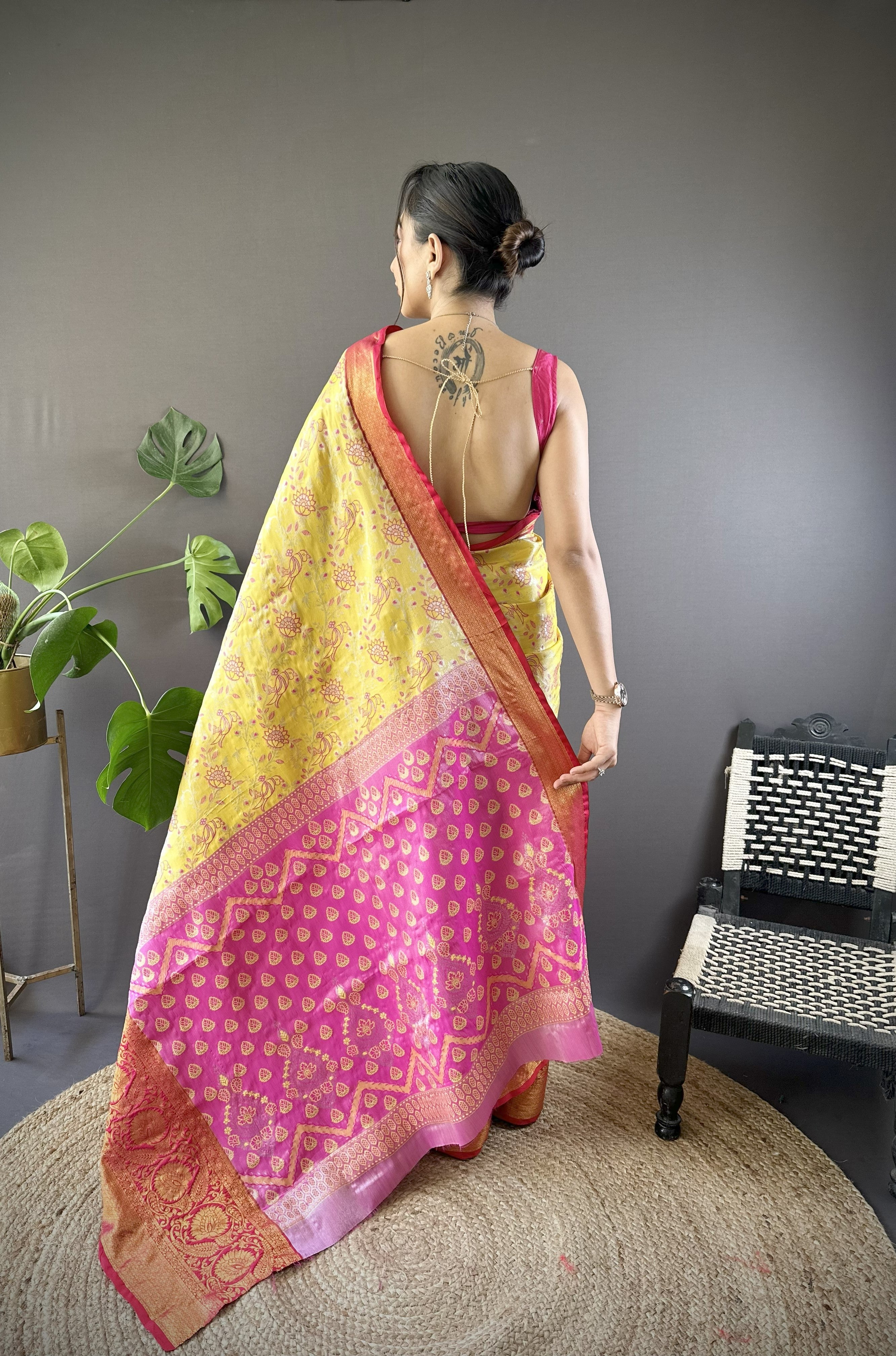 Yellow Red Kanjivaram Tissue Silk Saree