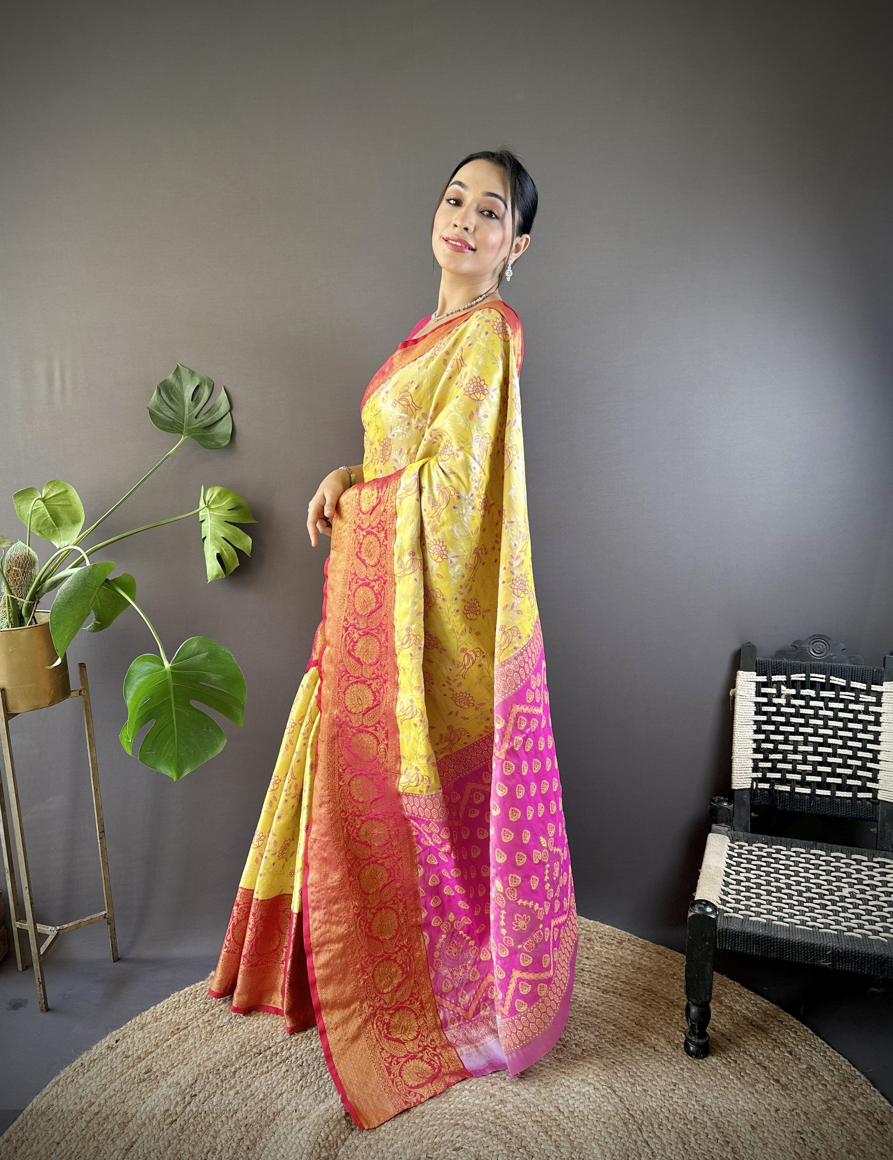 Yellow Red Kanjivaram Tissue Silk Saree
