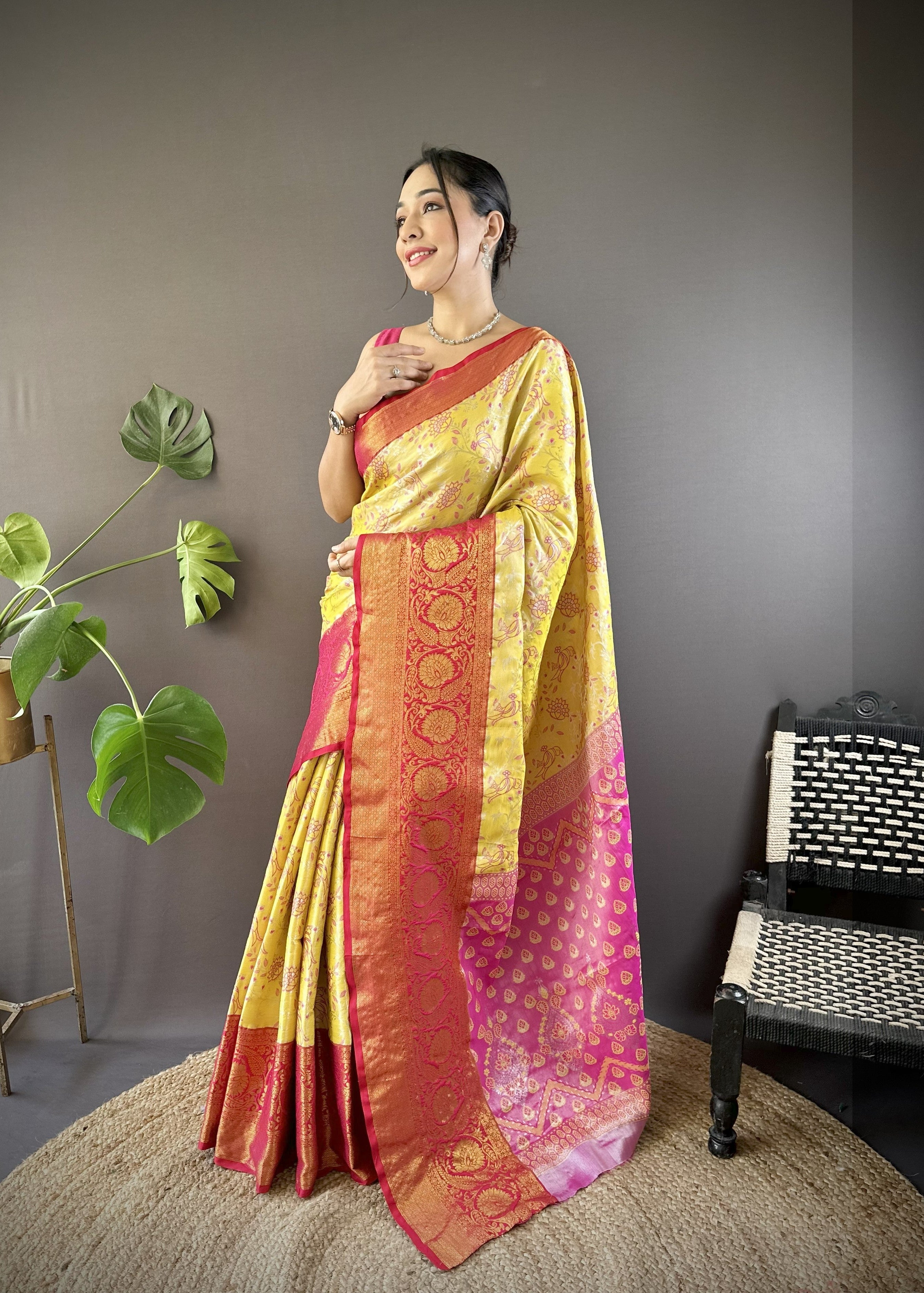 Yellow Red Kanjivaram Tissue Silk Saree