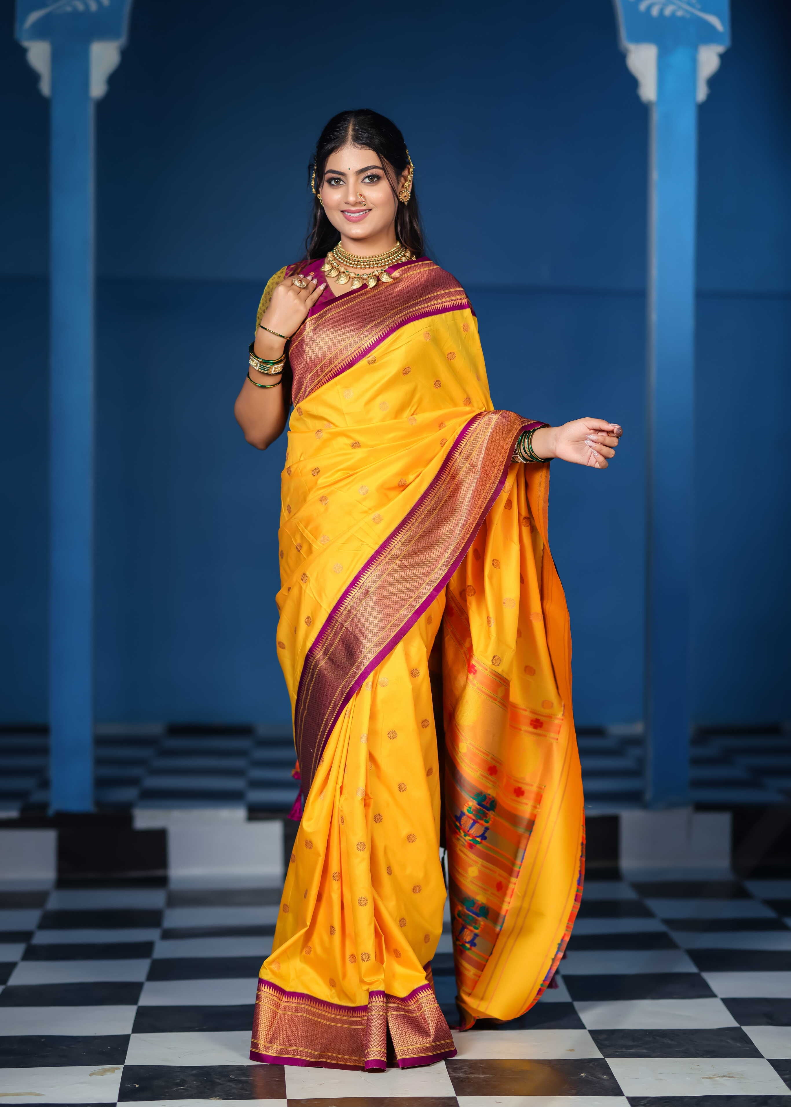 Yellow Silk Fabric Weaving Paithani Saree