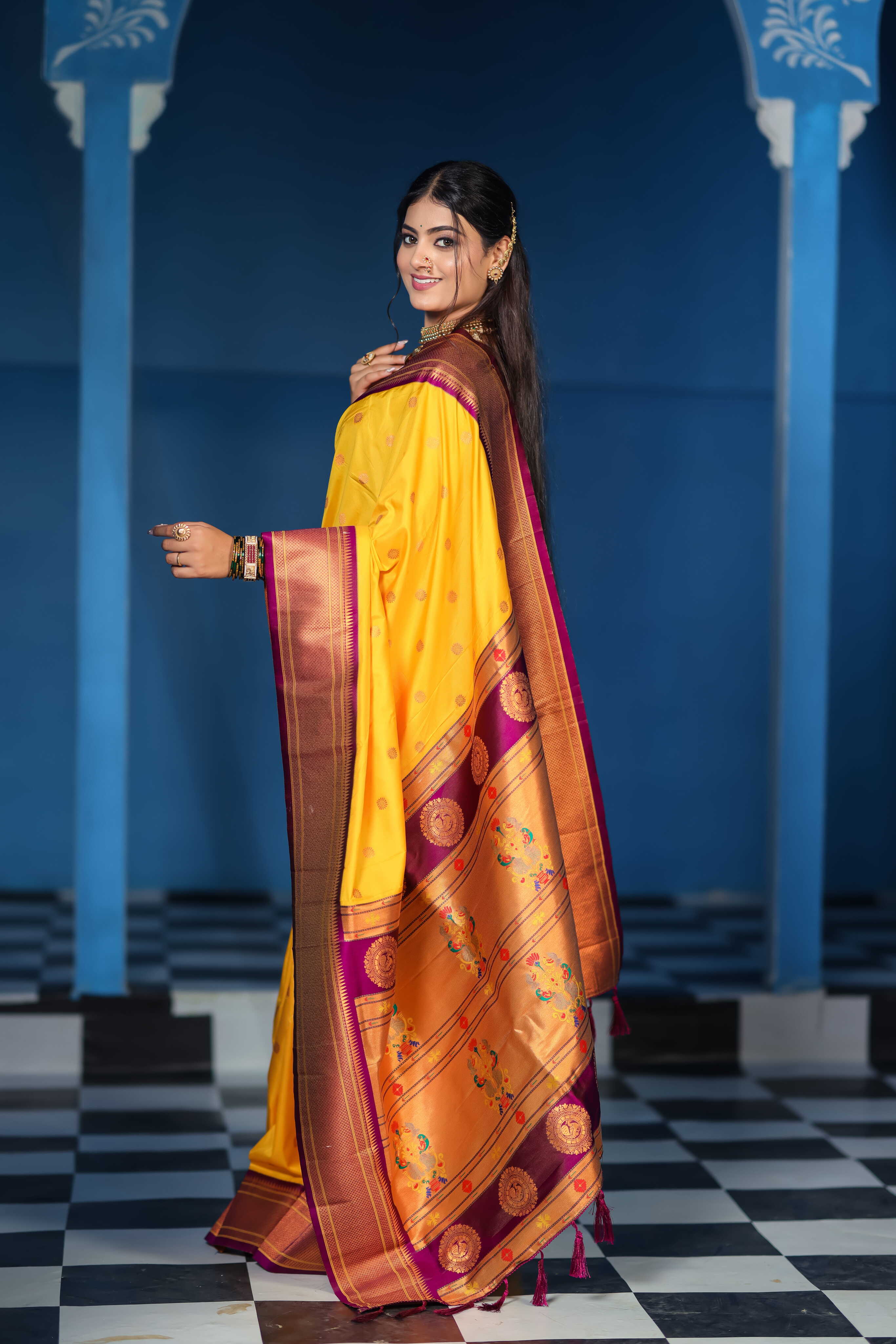 Yellow Silk Fabric Weaving Paithani Saree