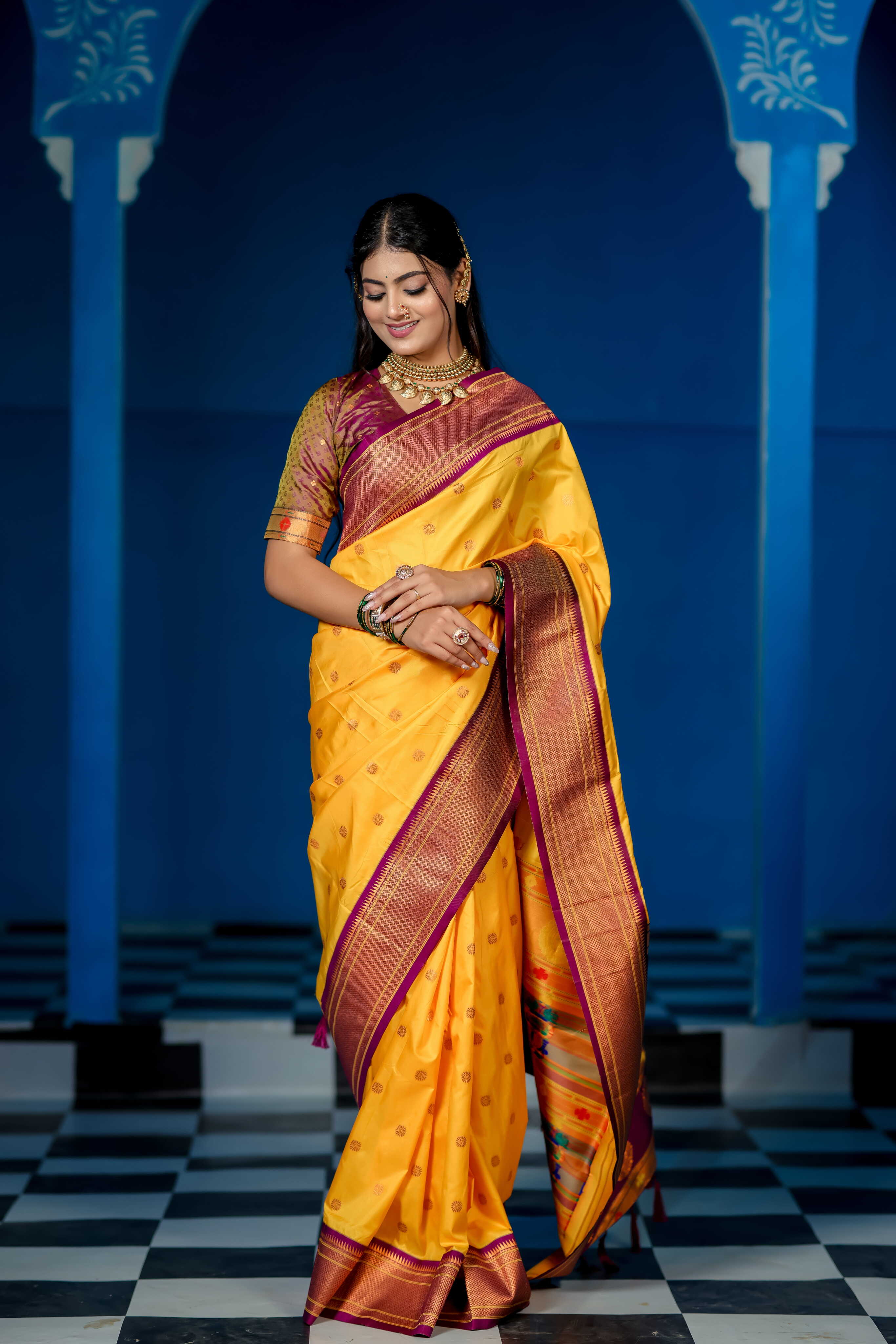 Yellow Silk Fabric Weaving Paithani Saree