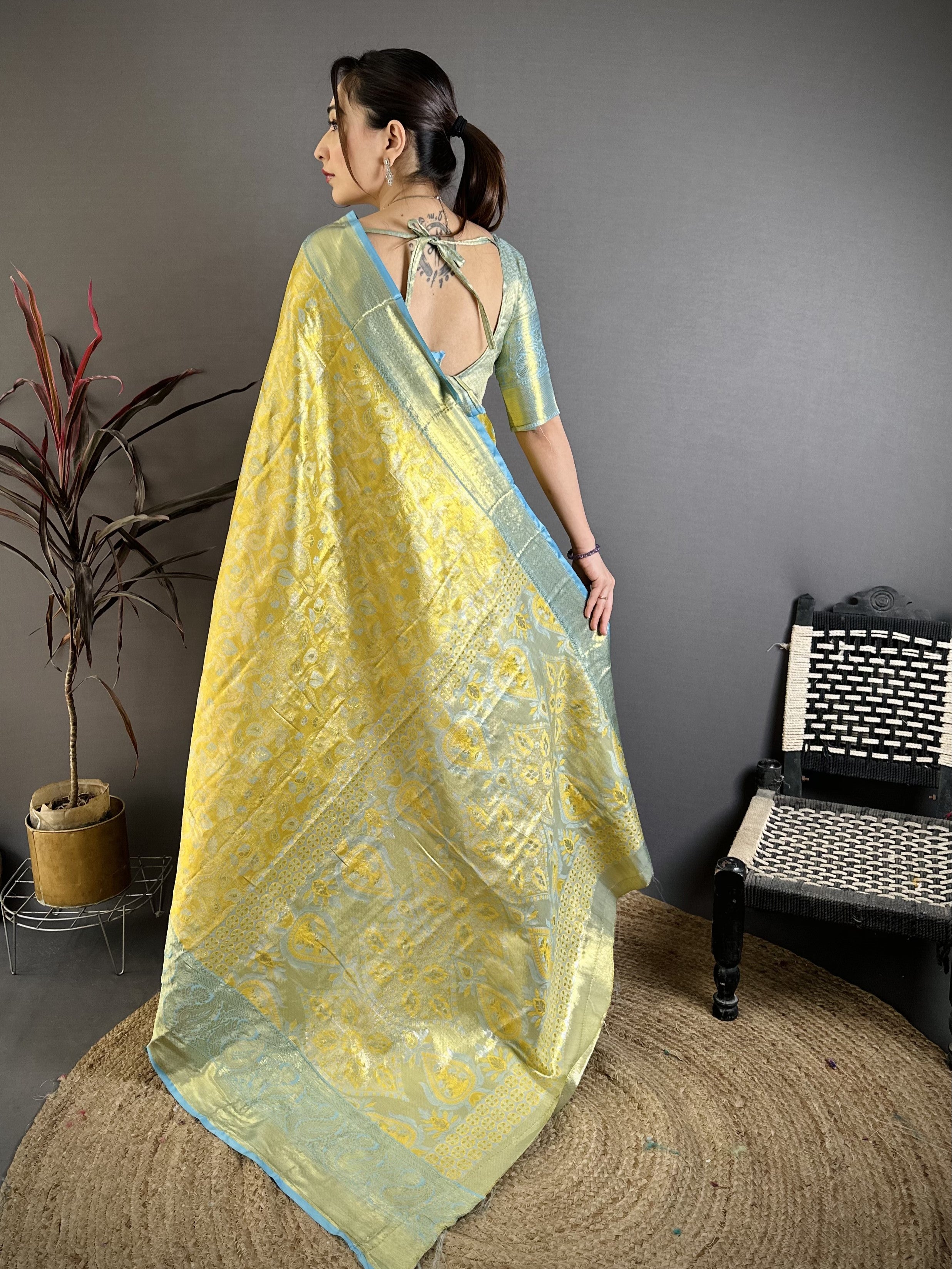 Yellow & Sky Blue Bridal Kanjivaram Silk Saree