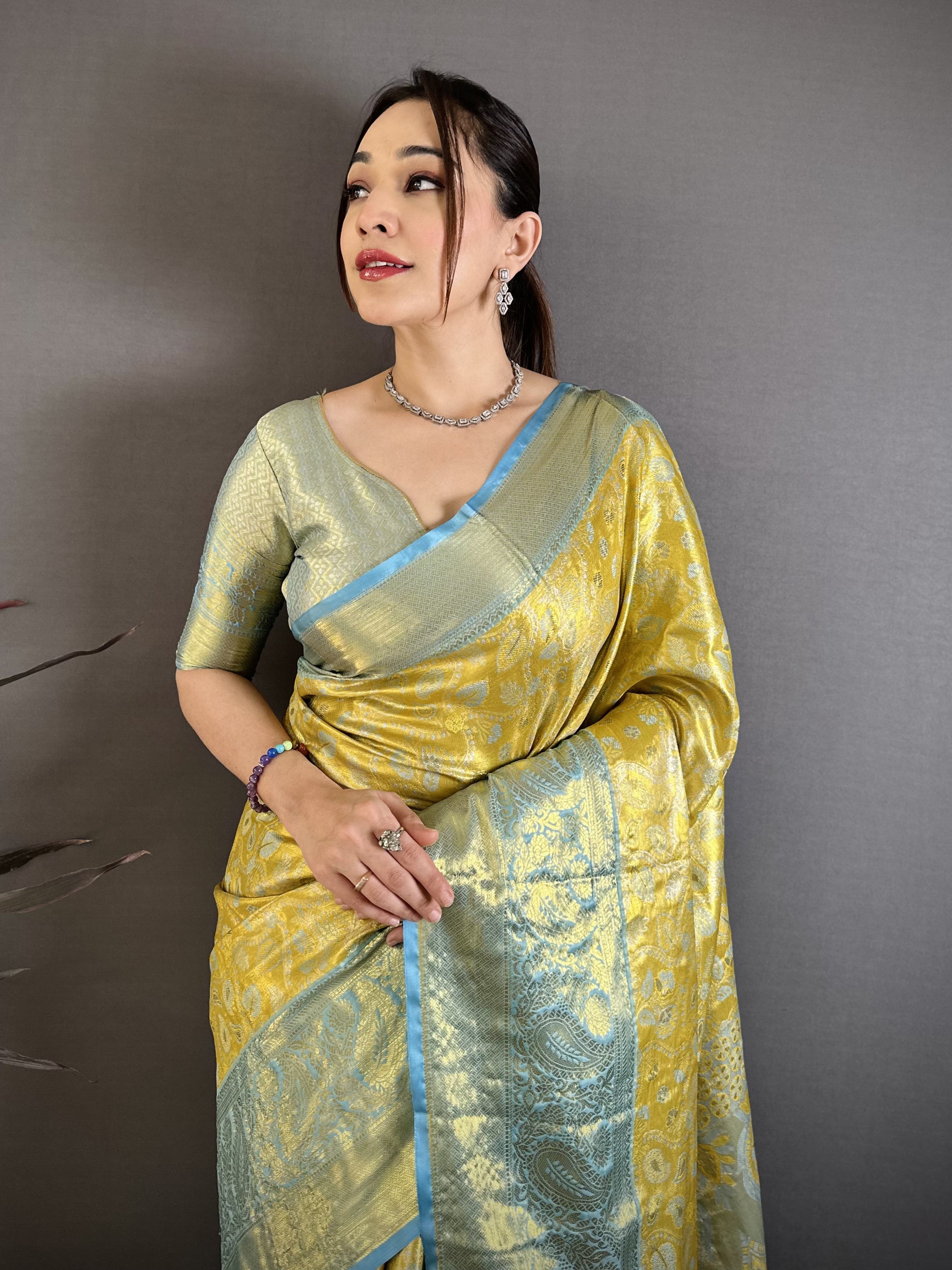 Yellow & Sky Blue Bridal Kanjivaram Silk Saree