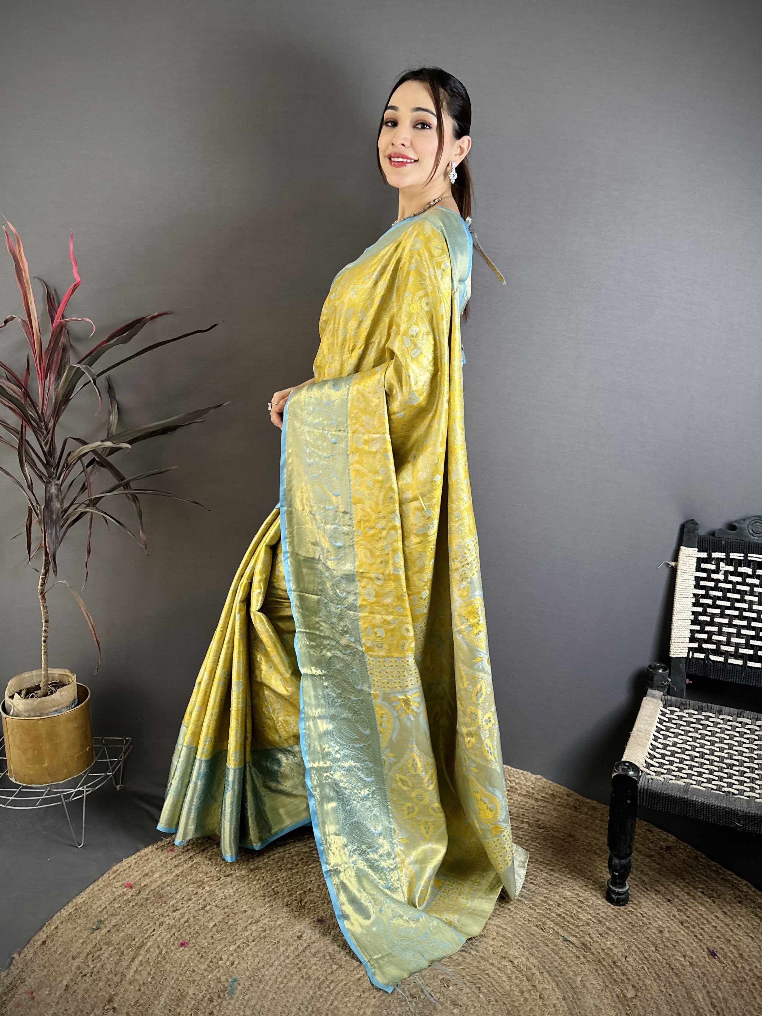 Yellow & Sky Blue Bridal Kanjivaram Silk Saree
