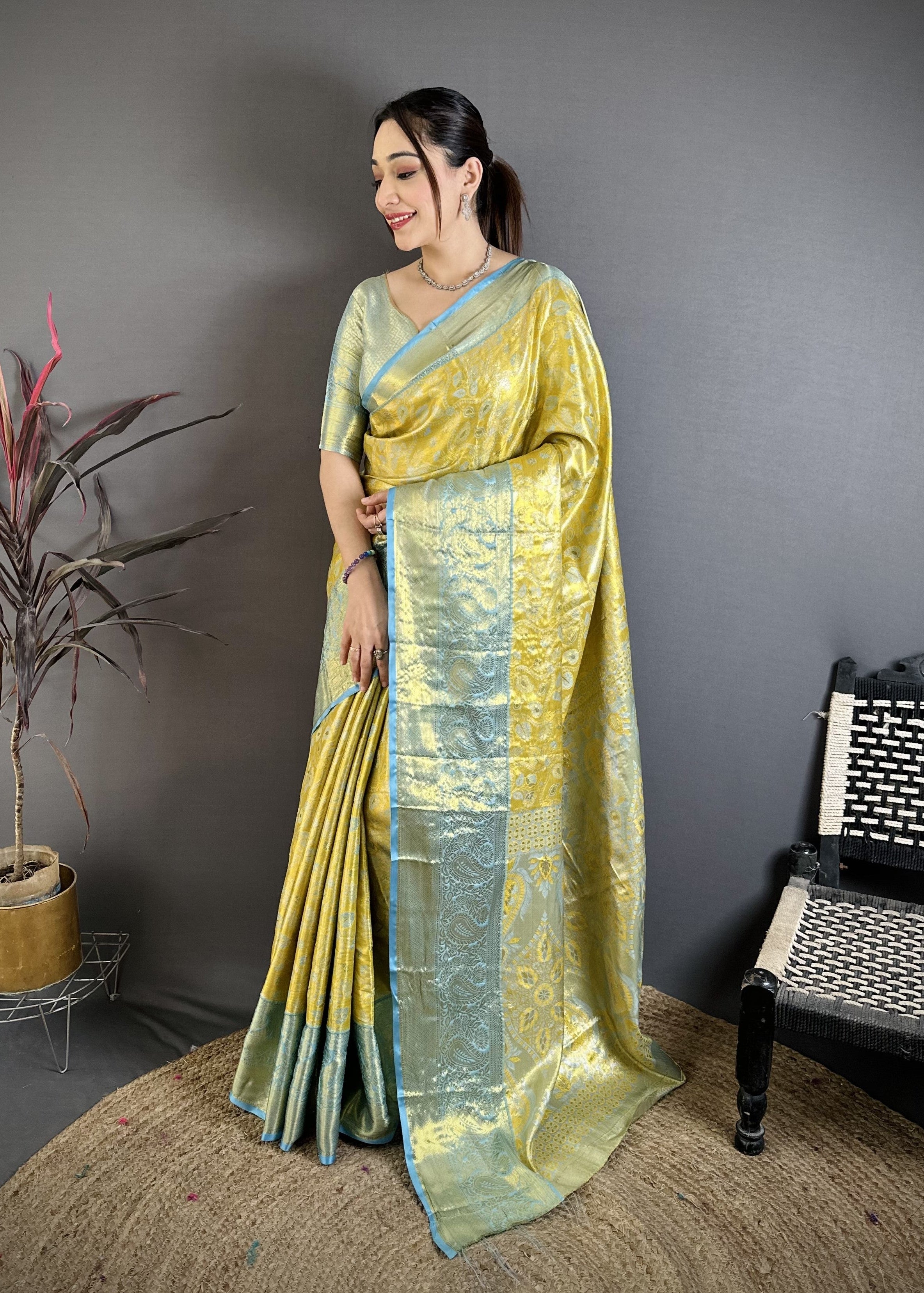 Yellow & Sky Blue Bridal Kanjivaram Silk Saree