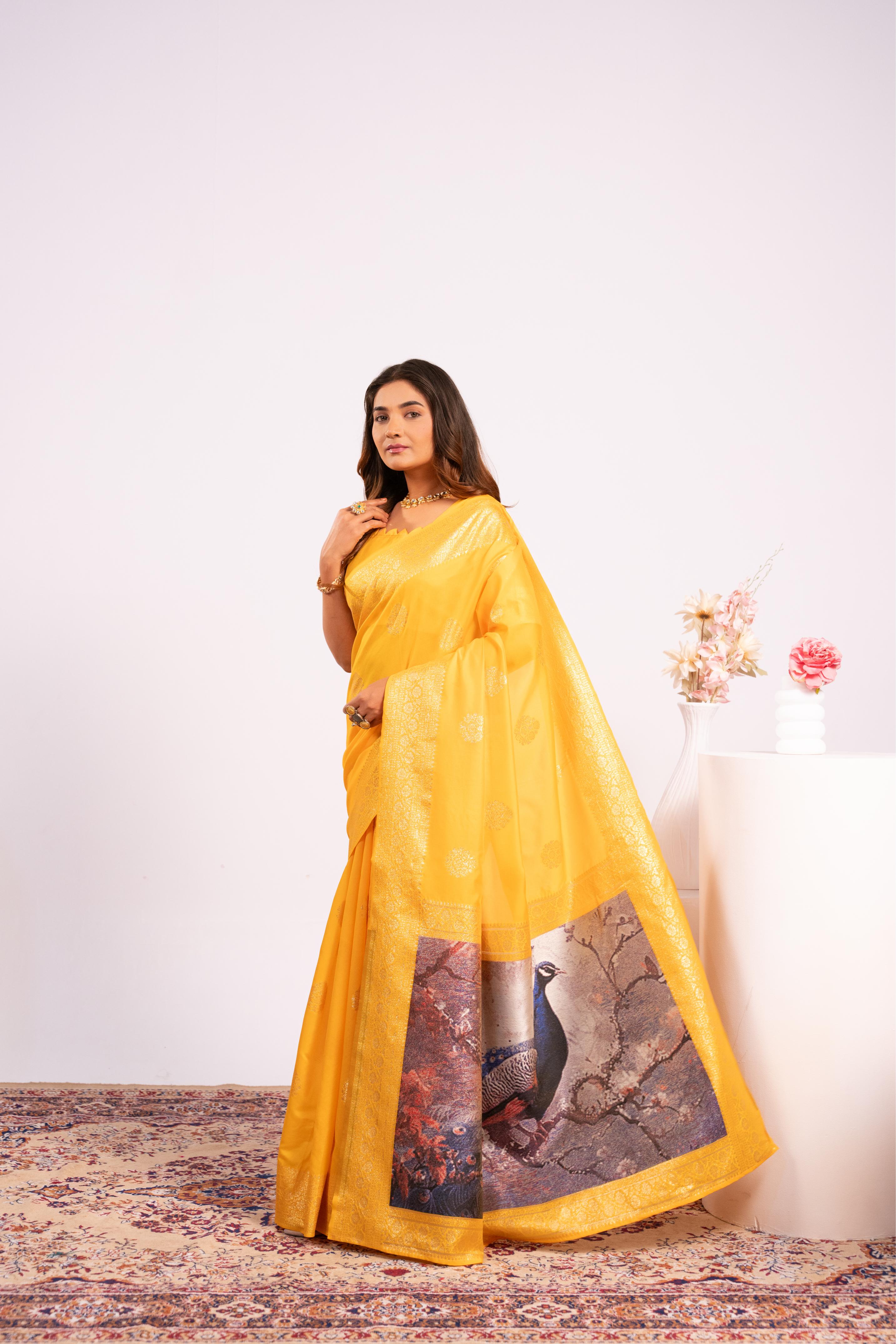 Yellow Soft Banarasi Silk Saree