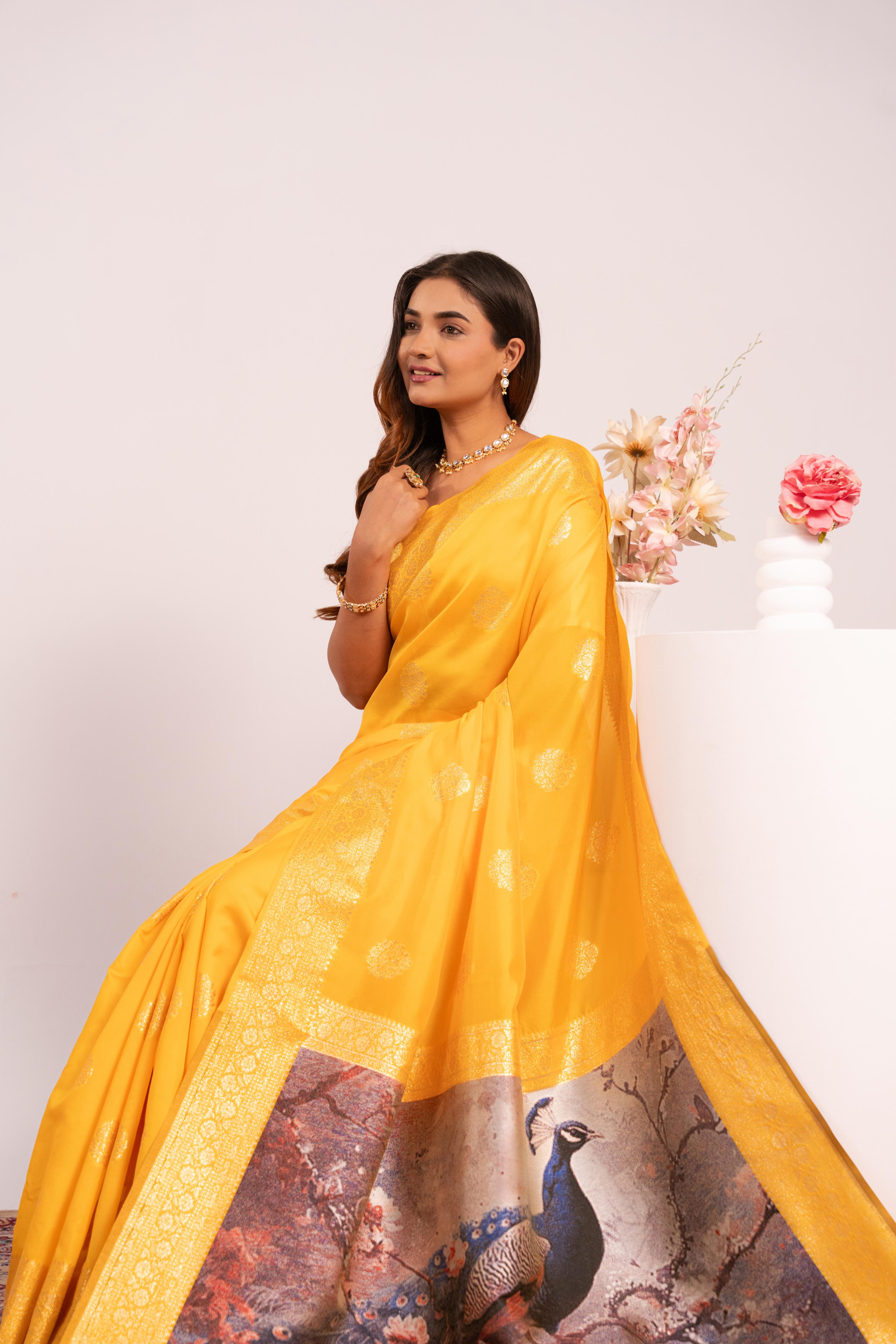 Yellow Soft Banarasi Silk Saree