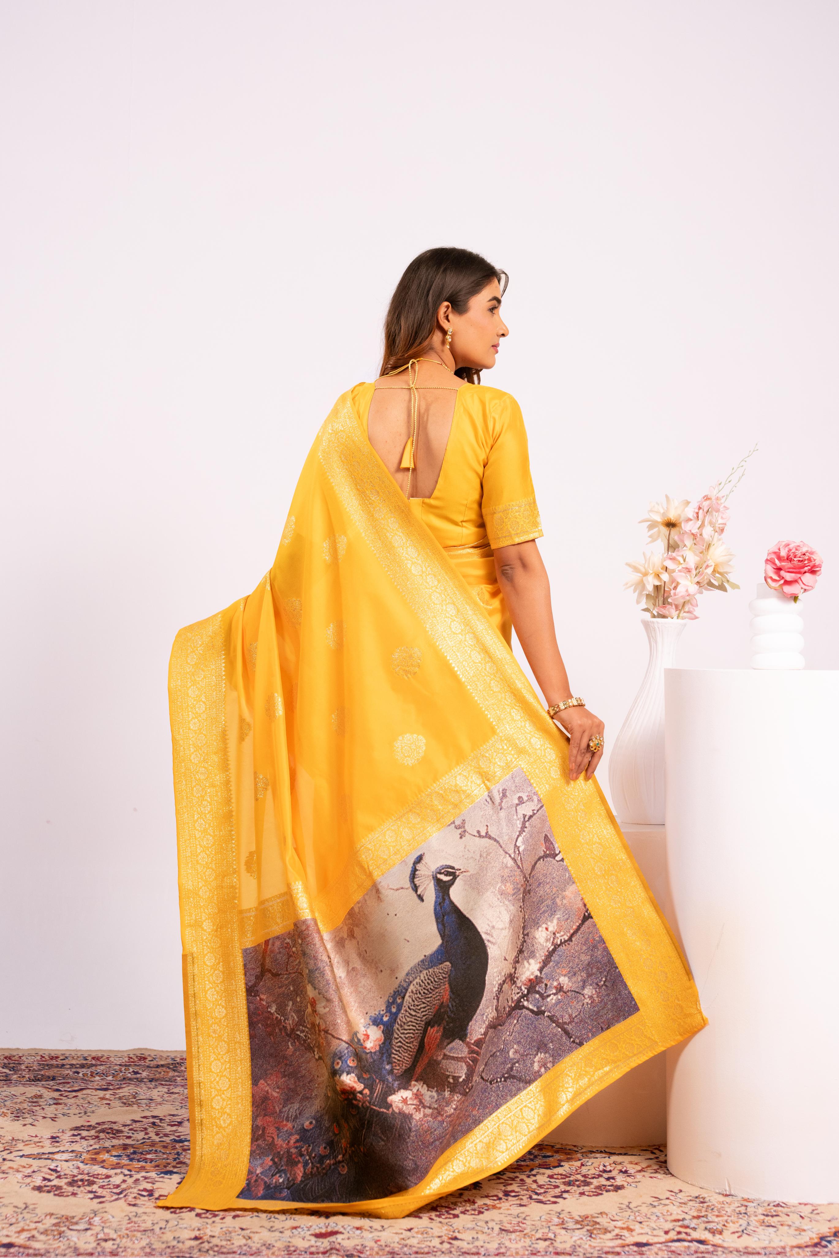 Yellow Soft Banarasi Silk Saree