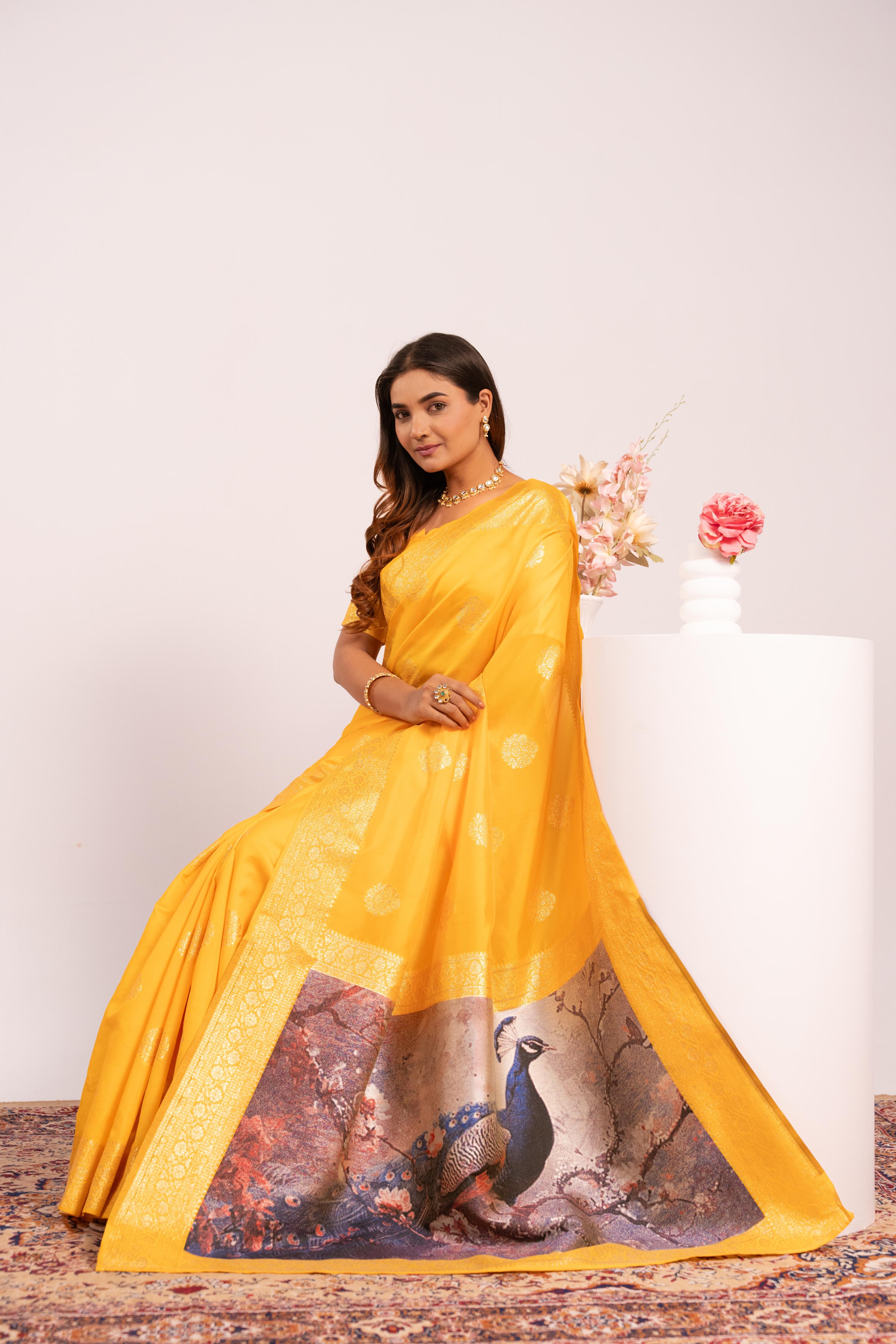 Yellow Soft Banarasi Silk Saree
