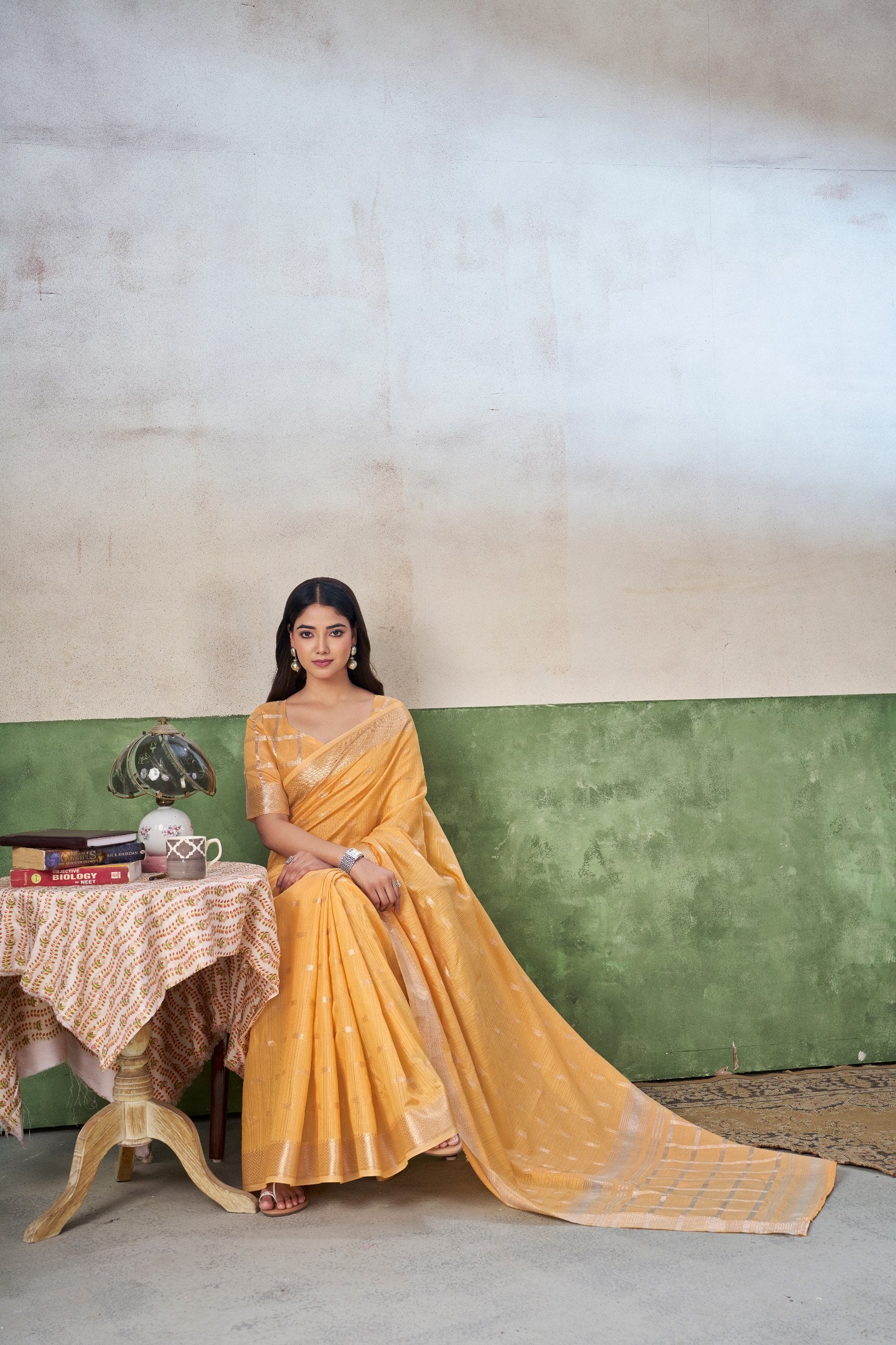 Yellow Soft Linen Cotton Silk Saree