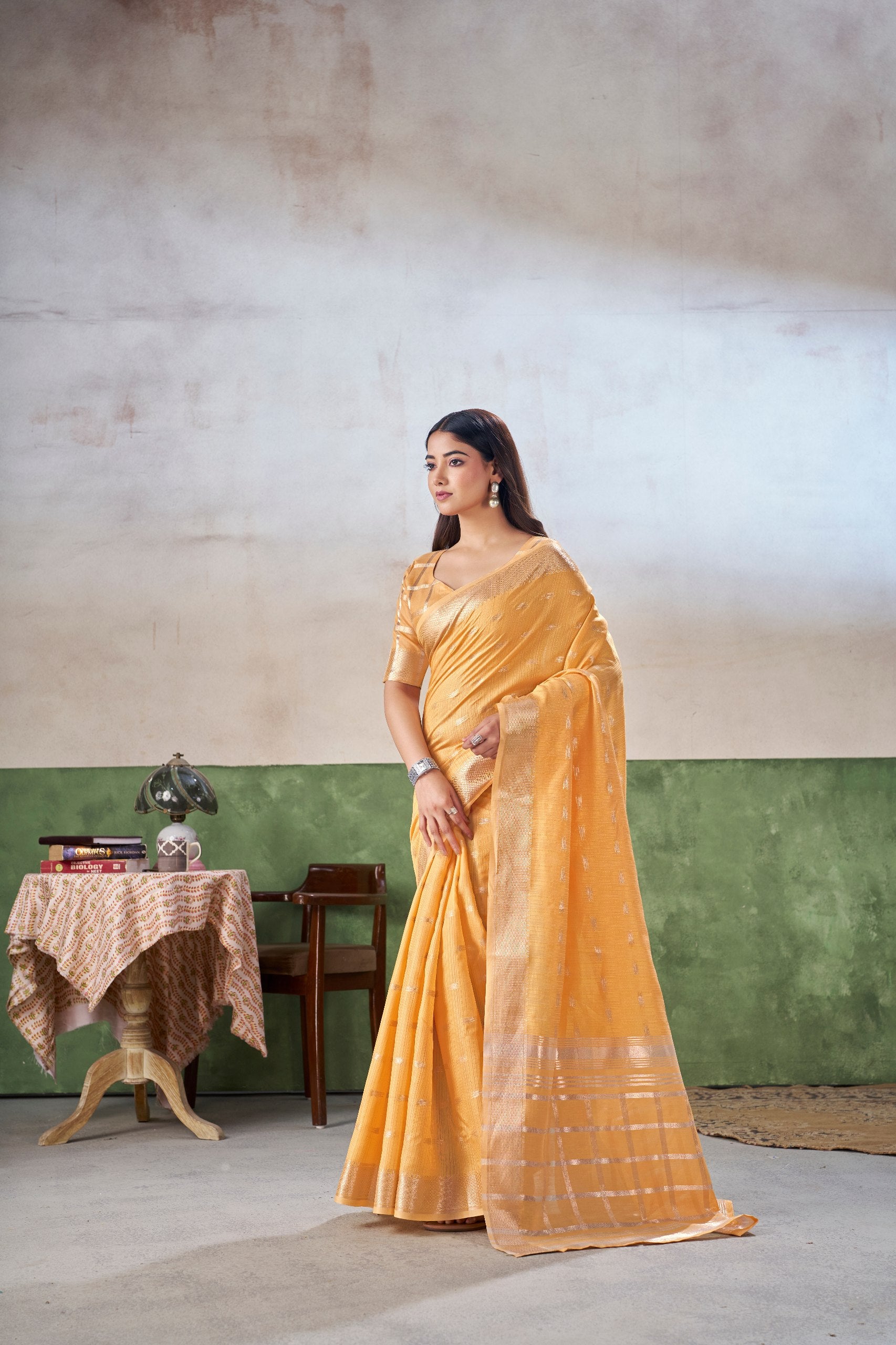 Yellow Soft Linen Cotton Silk Saree