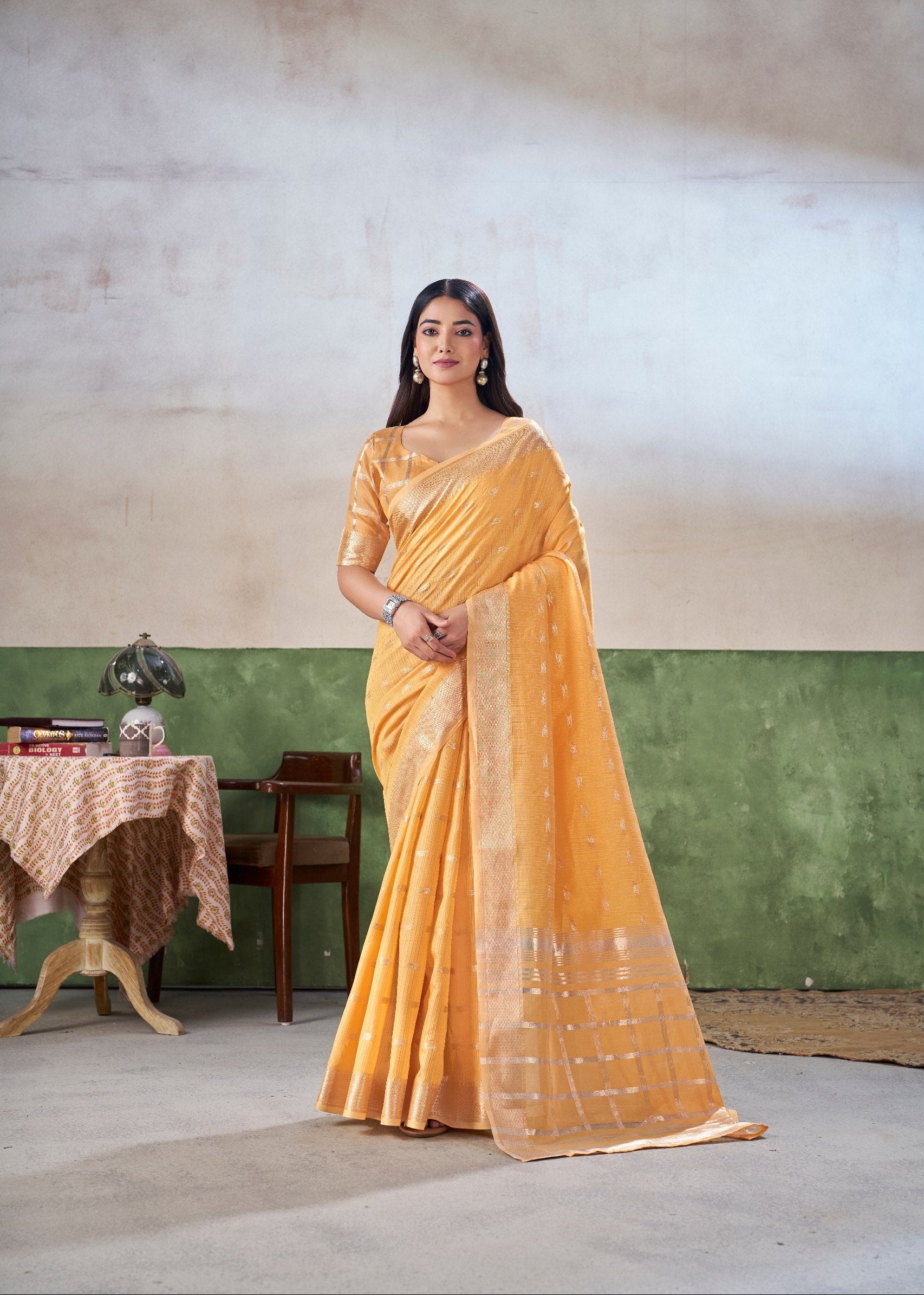 Yellow Soft Linen Cotton Silk Saree