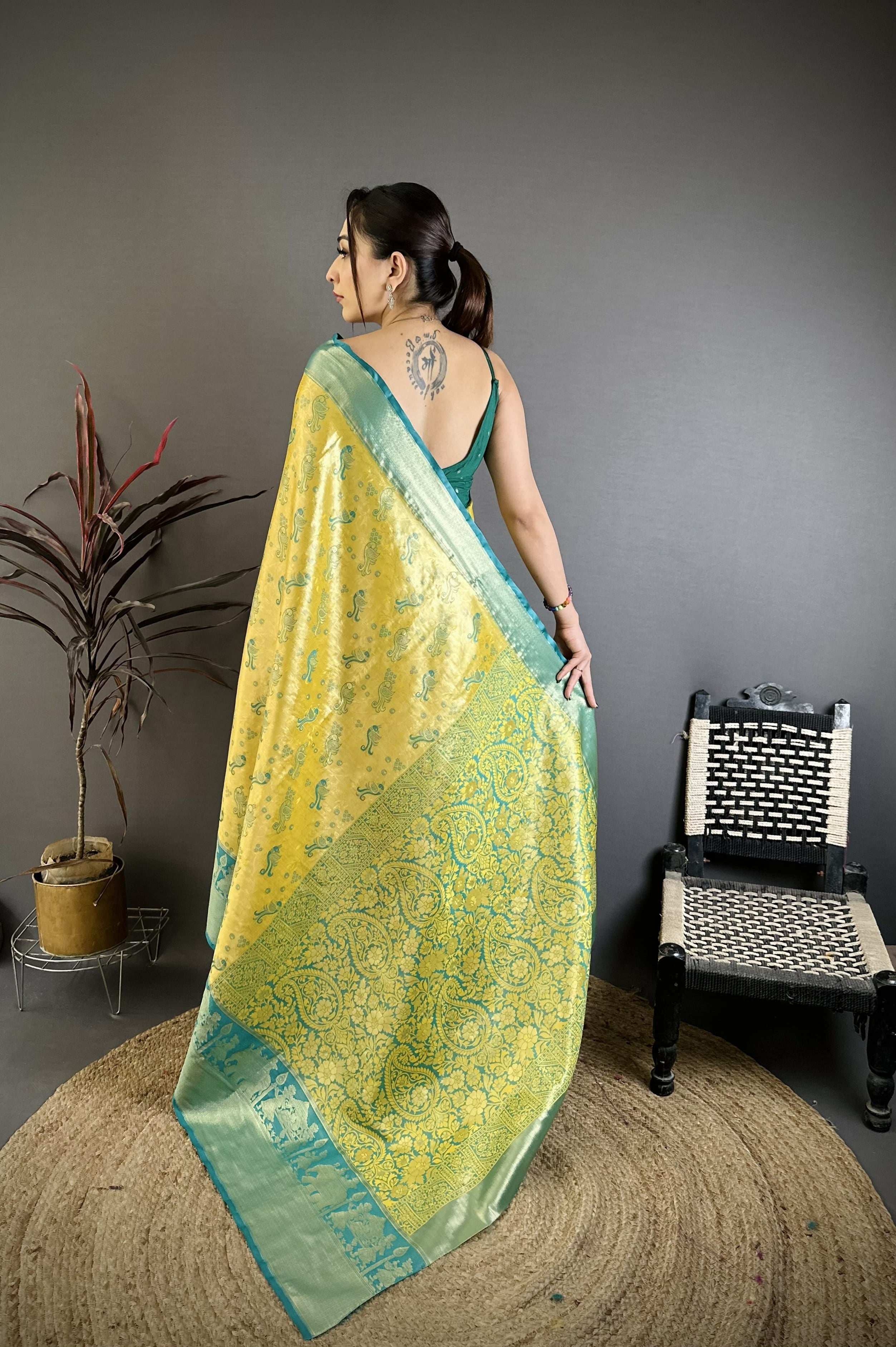 Yellow & Teal Peacock Kanjivaram Silk Saree