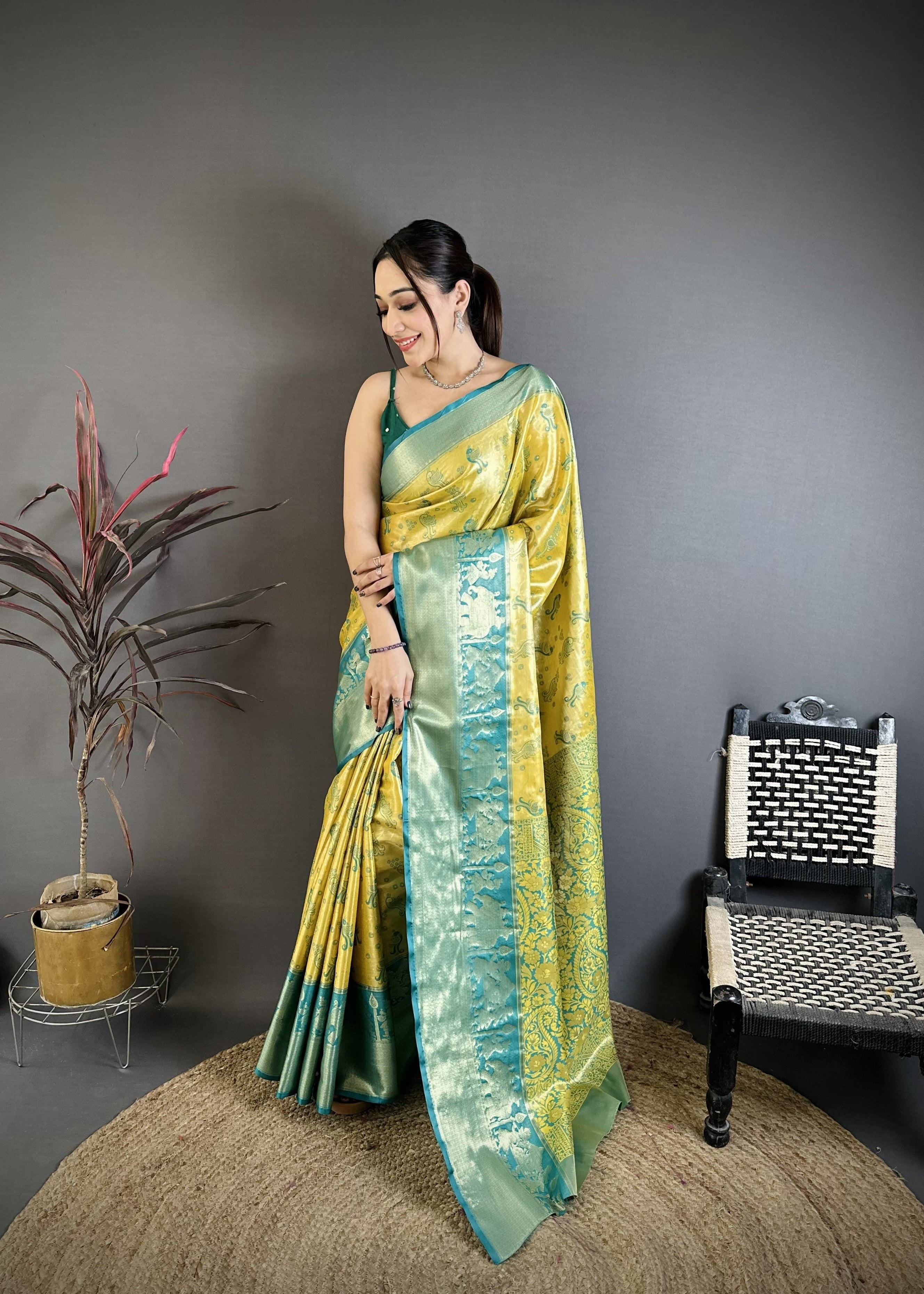 Yellow & Teal Peacock Kanjivaram Silk Saree