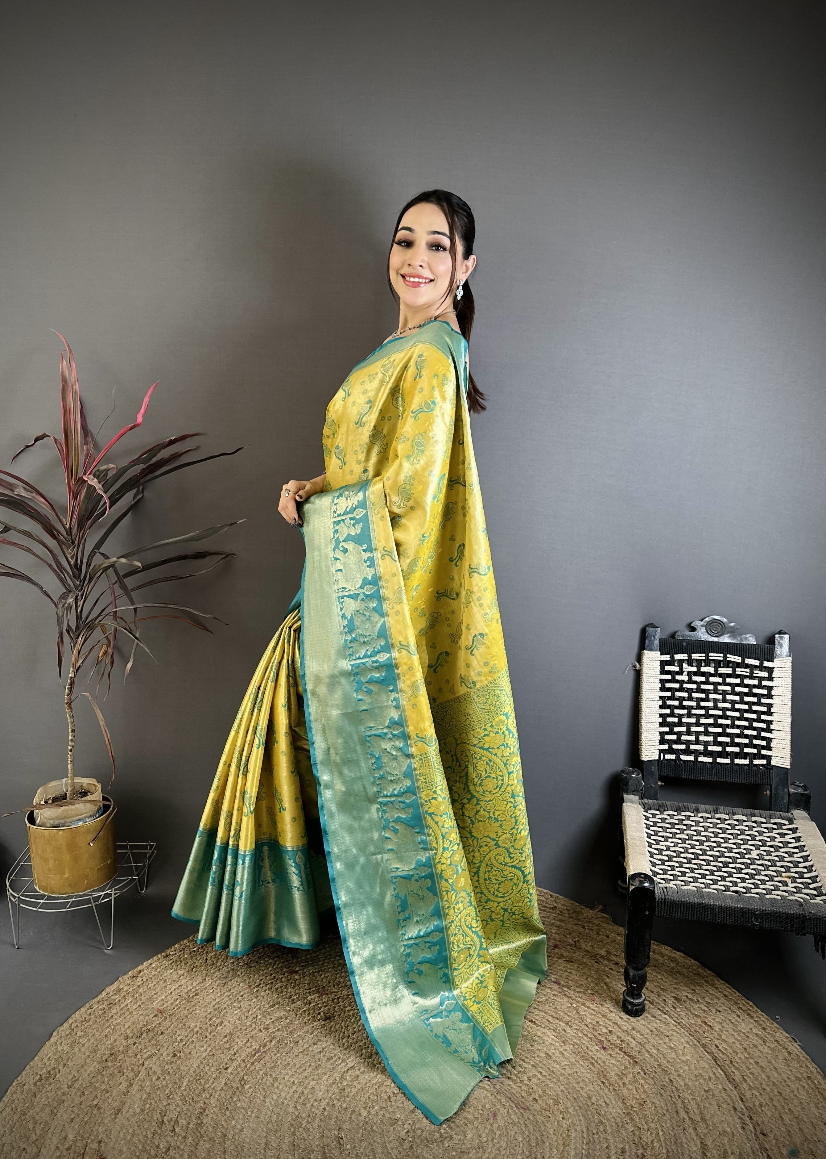 Yellow & Teal Peacock Kanjivaram Silk Saree
