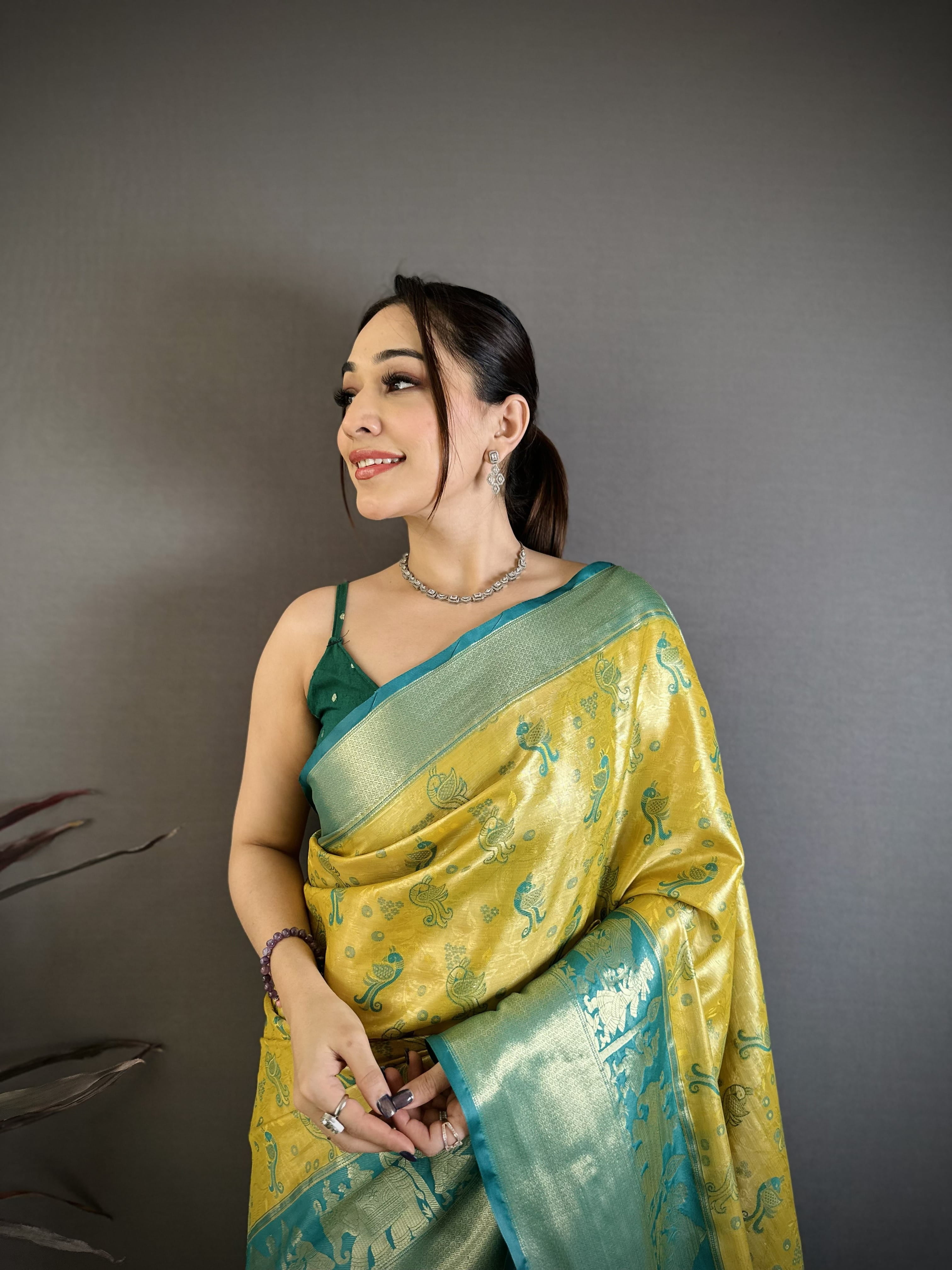 Yellow & Teal Peacock Kanjivaram Silk Saree