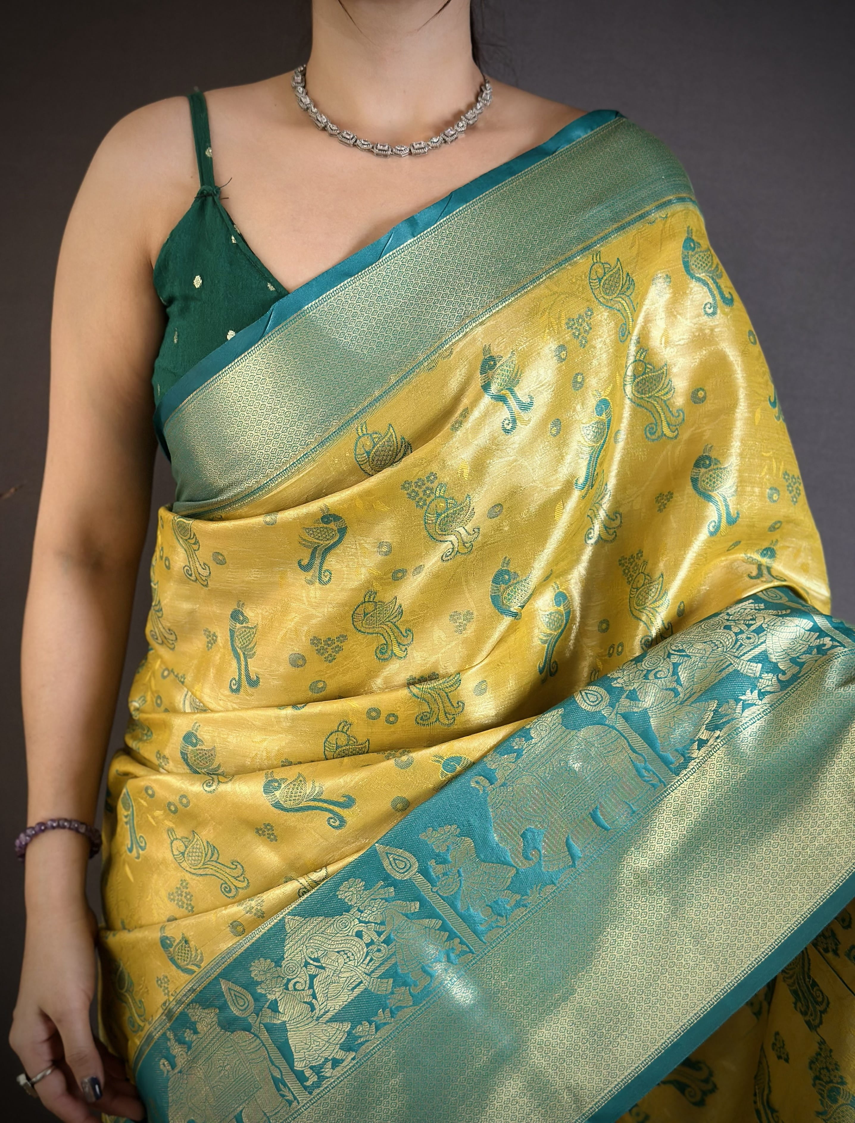 Yellow & Teal Peacock Kanjivaram Silk Saree