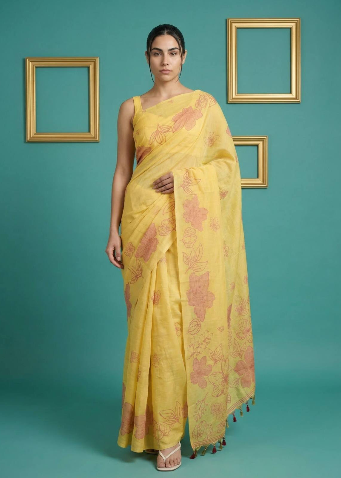 Yellow Floral printed soft muga cotton saree